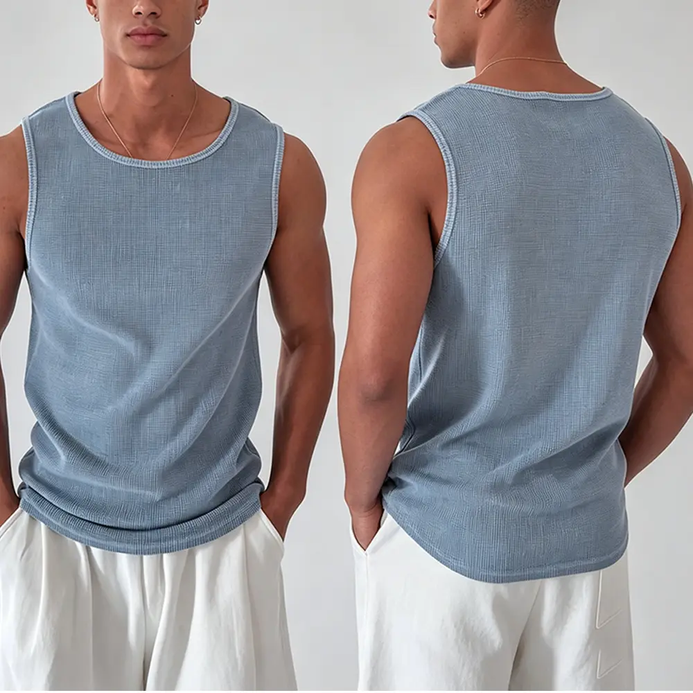High-Quality XH-Fashion Custom Logo Men’s Waffle Knit Sleeveless Tank Top | Loose Crew Neck Casual Basic Singlet OEM ODM Private Label Factories, Suppliers