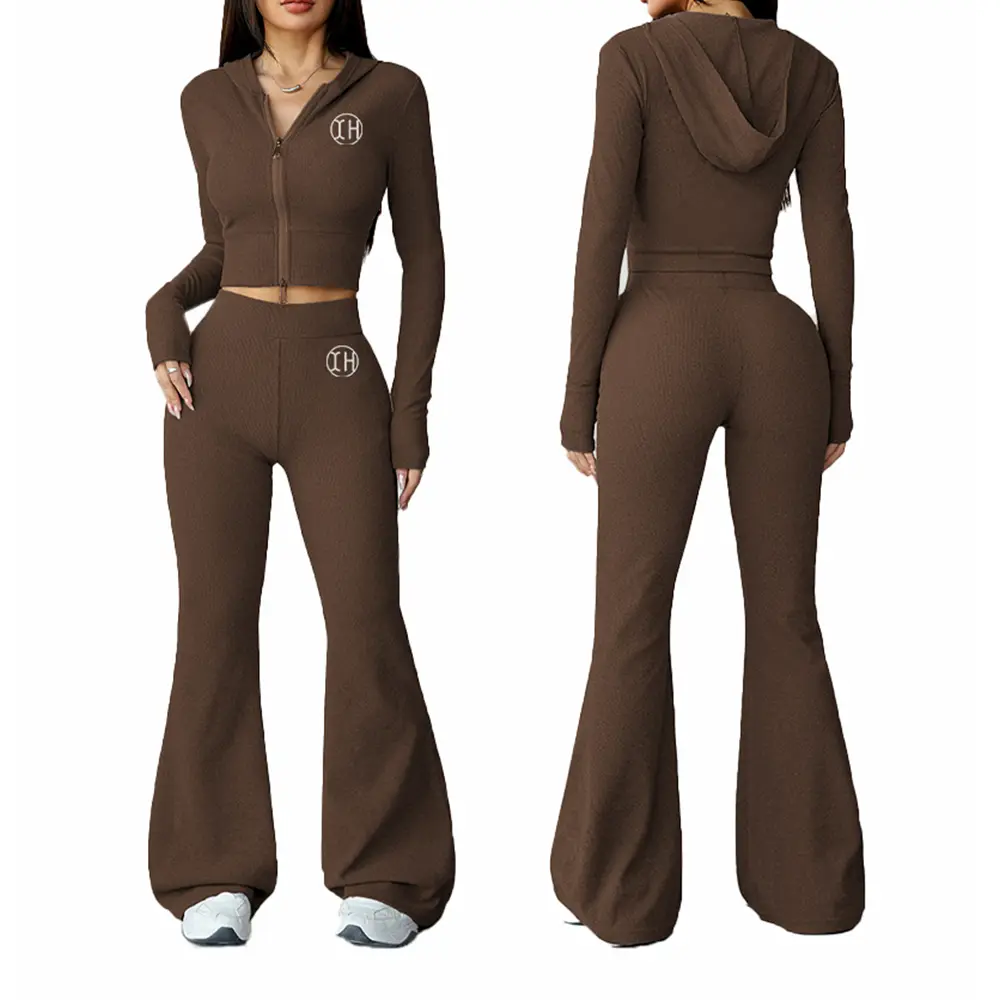 Custom XH-Fashion OEM Women's Ribbed Hooded Workout Set High Waist Flare Leggings Activewear Manufacturer Manufacturers, Suppliers