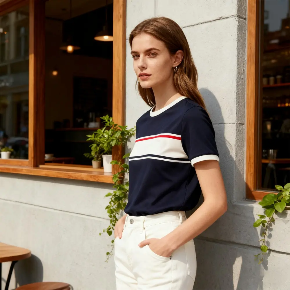 OEM XH-Fashion OEM Womens Retro Striped Crew Neck Short Sleeve Tees Factories, Suppliers