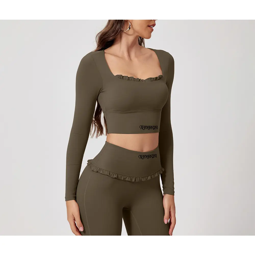 Custom XH-Fashion Butterfly Ruffle Square Neck Yoga Outfit for Women High Waist Butt Lift Leggings Long Sleeve Crop Top 2 Piece Workout Set Manufacturers, Factories