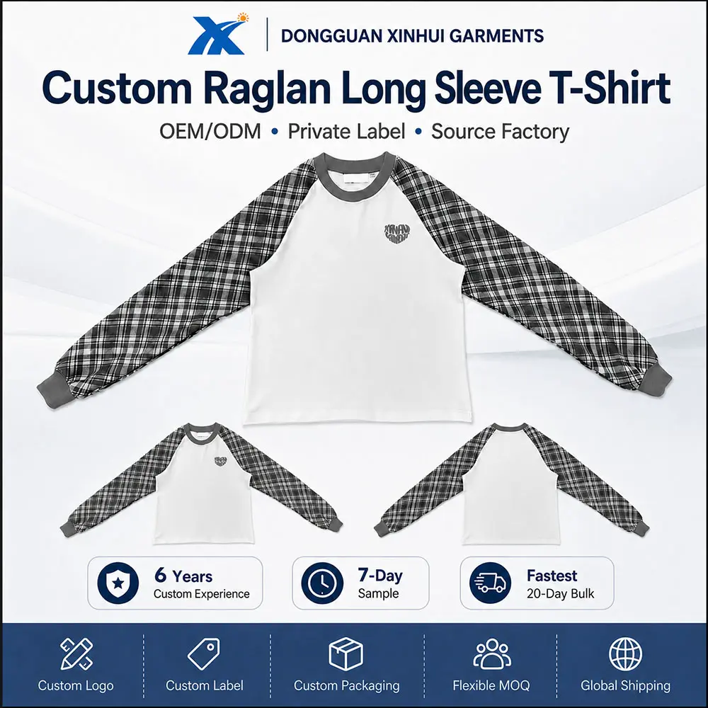 High-Quality XH-Fashion Custom Heart Embroidery Plaid Raglan Long Sleeve Tee | Men’s Y2K Black White Check Contrast Sleeve Casual T-Shirt Manufacturers, Factory