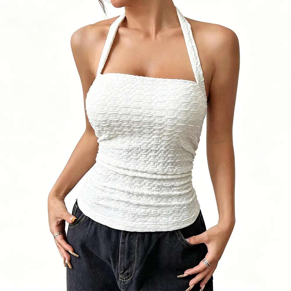 High-Quality XH-Fashion Factory Wholesale Bubble Textured Halter Top, Women's Square Neck Backless Tie Bow Slimming Cami Tank Top, Summer Y2K Sleeveless Top, Customizable OEM/ODM Factory, Suppliers