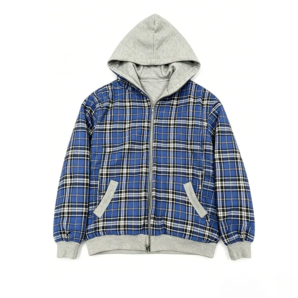 Custom XH-Fashion Men's 2-in-1 Reversible Plaid Hoodie - Gray Heather & Blue Plaid Oversized Streetwear Zip-Up Sweatshirt Factories, Factory