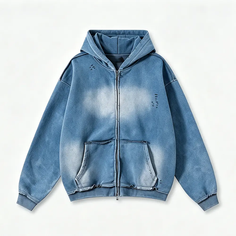 OEM XH-Fashion  Men's Retro Washed Brown Zip-Up Hoodie - Vintage Faded & Distressed Oversized Hooded Sweatshirt Manufacturers, Supplier
