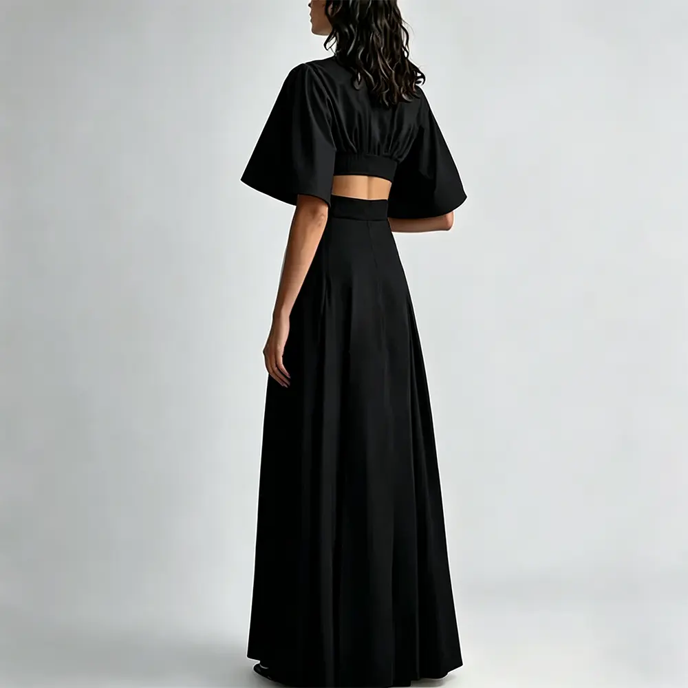 OEM XH-Fashion Modern Black Cut-Out Evening Dress - Deep V-Neck with Flare Sleeves & Floor-Length Skirt Manufacturer, Factories