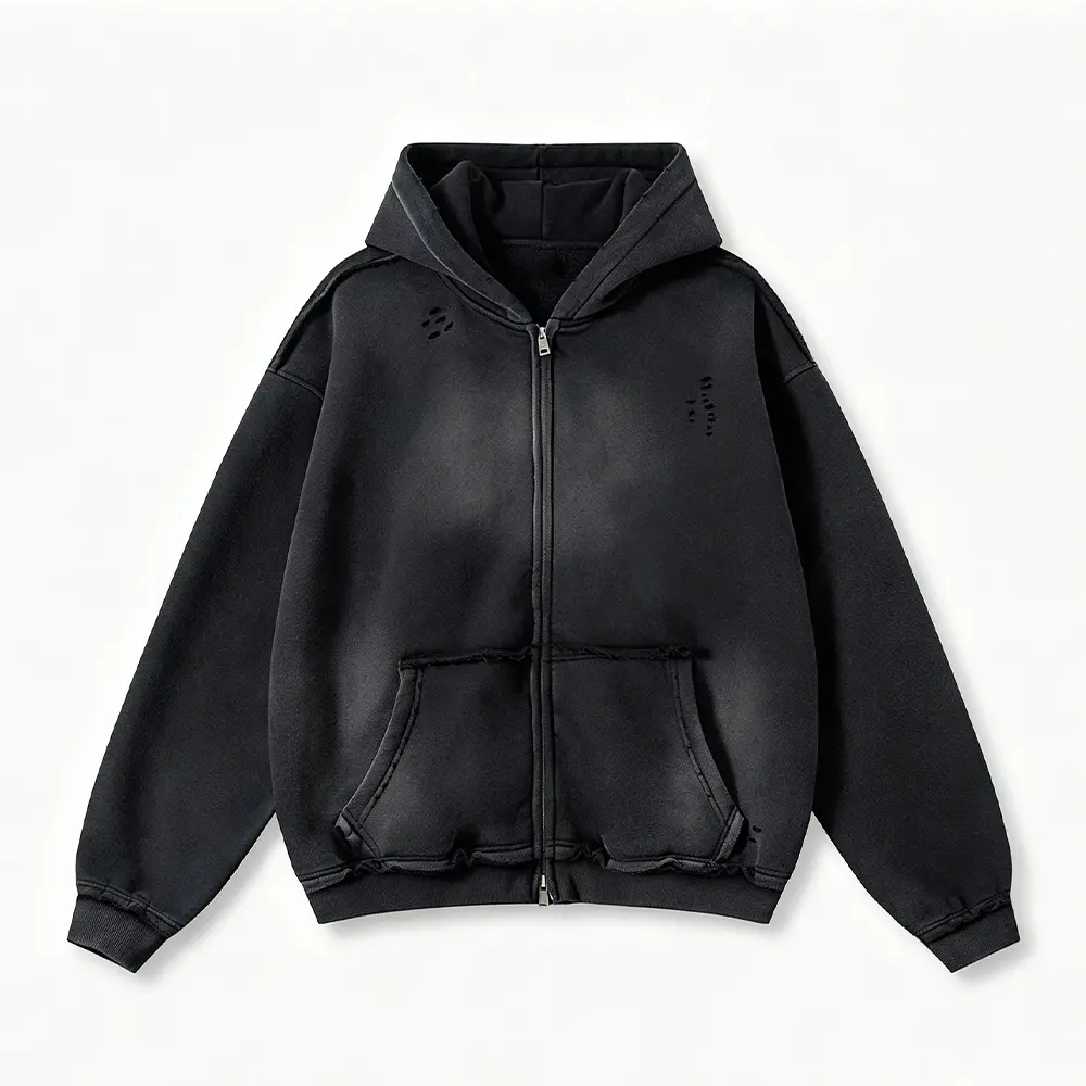 OEM XH-Fashion  Men's Retro Washed Brown Zip-Up Hoodie - Vintage Faded & Distressed Oversized Hooded Sweatshirt Manufacturers, Supplier