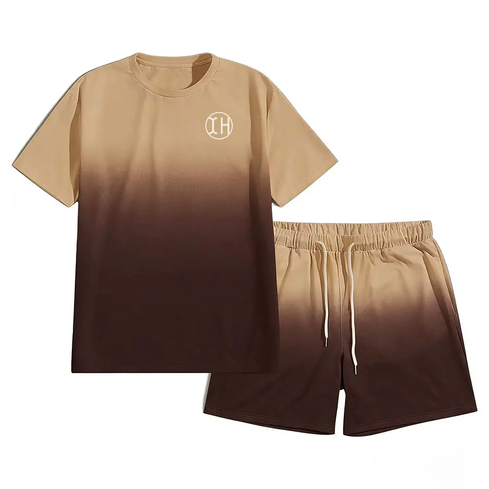 Custom XH-Fashion Custom Logo Gradient 2-Piece Short Set for Men, Ombre T-Shirt & Drawstring Shorts Outfit, Personalized Casual Loungewear Tracksuit Manufacturers, Factory