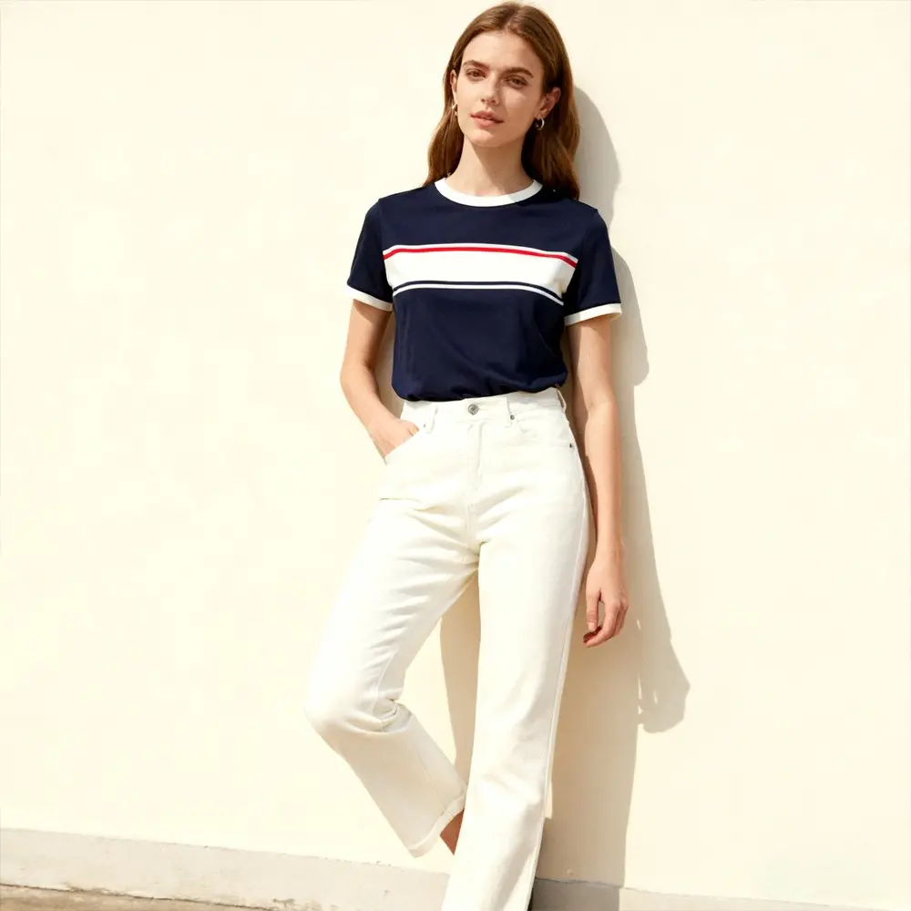 OEM XH-Fashion OEM Womens Retro Striped Crew Neck Short Sleeve Tees Factories, Suppliers