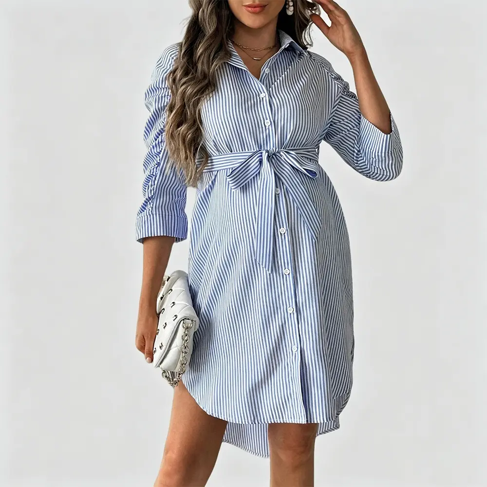 High-Quality XH-Fashion Custom Logo Vertical Stripe Maternity Shirt Dress | Collar 3/4 Sleeve Self Tie Waist Irregular Hem Nursing Midi Dress Factories, Factory