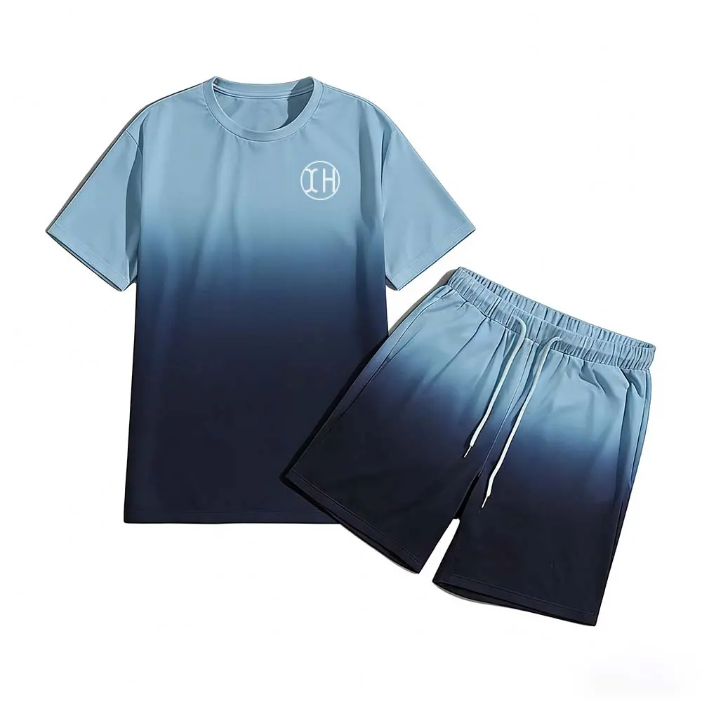 Custom XH-Fashion Custom Logo Gradient 2-Piece Short Set for Men, Ombre T-Shirt & Drawstring Shorts Outfit, Personalized Casual Loungewear Tracksuit Manufacturers, Factory