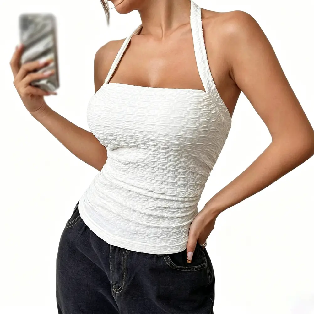High-Quality XH-Fashion Factory Wholesale Bubble Textured Halter Top, Women's Square Neck Backless Tie Bow Slimming Cami Tank Top, Summer Y2K Sleeveless Top, Customizable OEM/ODM Factory, Suppliers