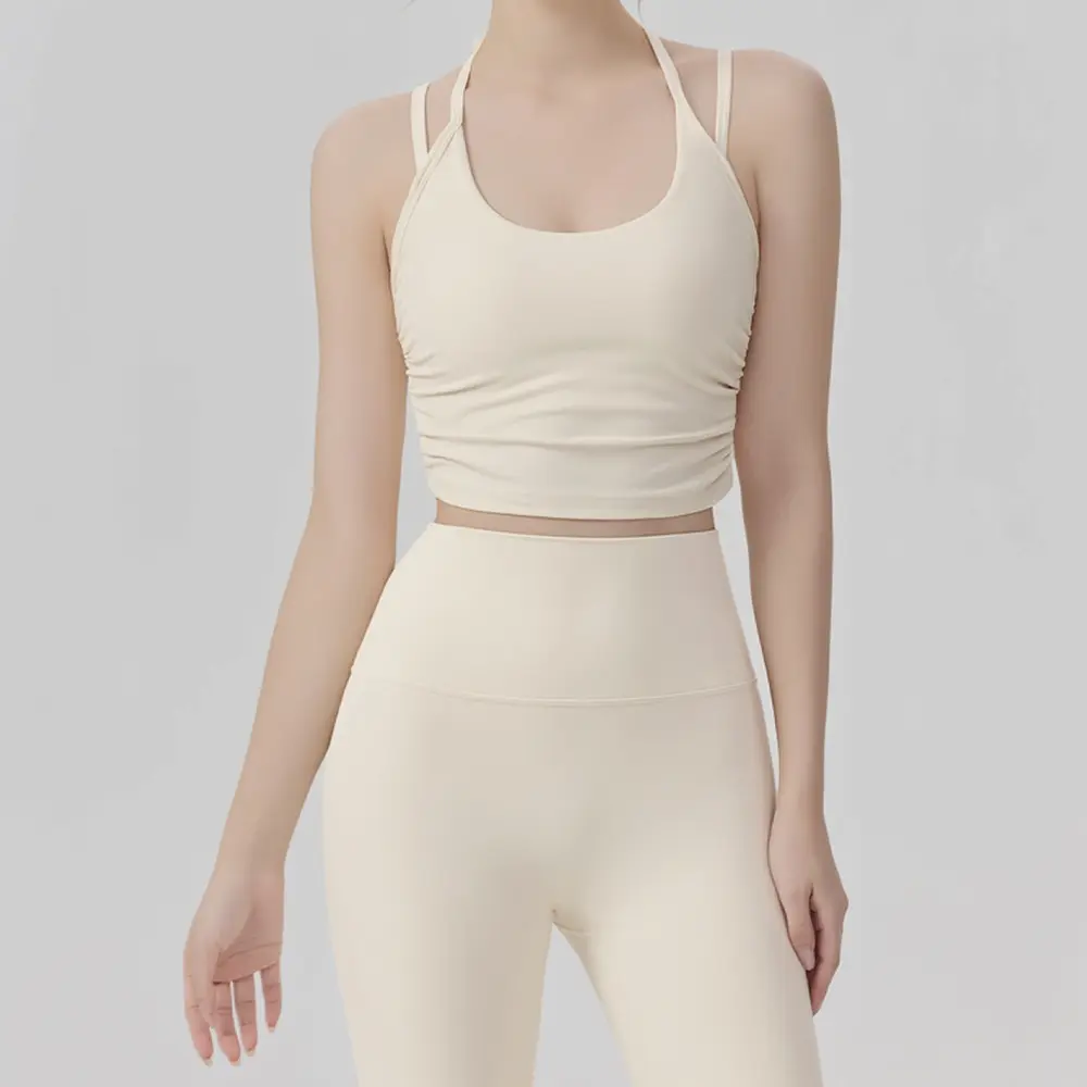Custom XH-Fashion Factory Wholesale Halter Neck Yoga Top, Women’s Double-Strap Backless Sports Bra, Ruched Slim-Fit Workout Tank with Removable Pads, OEM/ODM Customizable Manufacturer, Suppliers