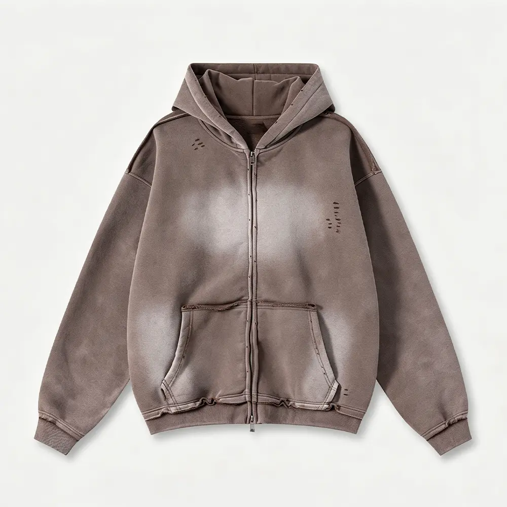OEM XH-Fashion  Men's Retro Washed Brown Zip-Up Hoodie - Vintage Faded & Distressed Oversized Hooded Sweatshirt Manufacturers, Supplier