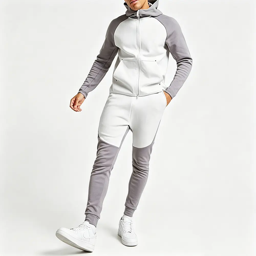 OEM XH-Fashion Custom Logo Color Block Raglan Hoodie Tracksuit | Men’s Full Zip Hooded Jacket & Jogger Pants 2 Piece Set OEM ODM Private Label Manufacturer, Factories