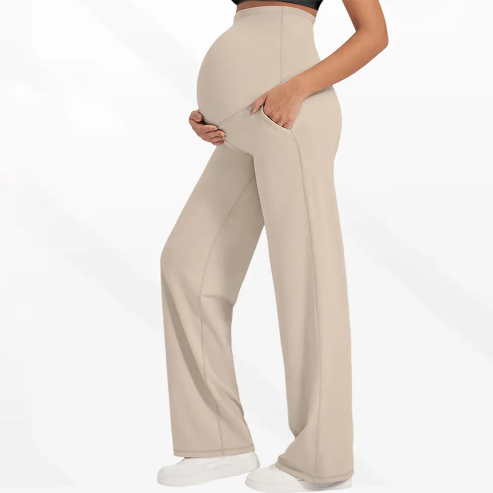 OEM XH-Fashion Custom Logo Full Panel High Rise Maternity Wide Leg Pants | Over Belly Soft Stretch Pregnancy Flare Trousers with Side Pockets Manufacturers, Factories