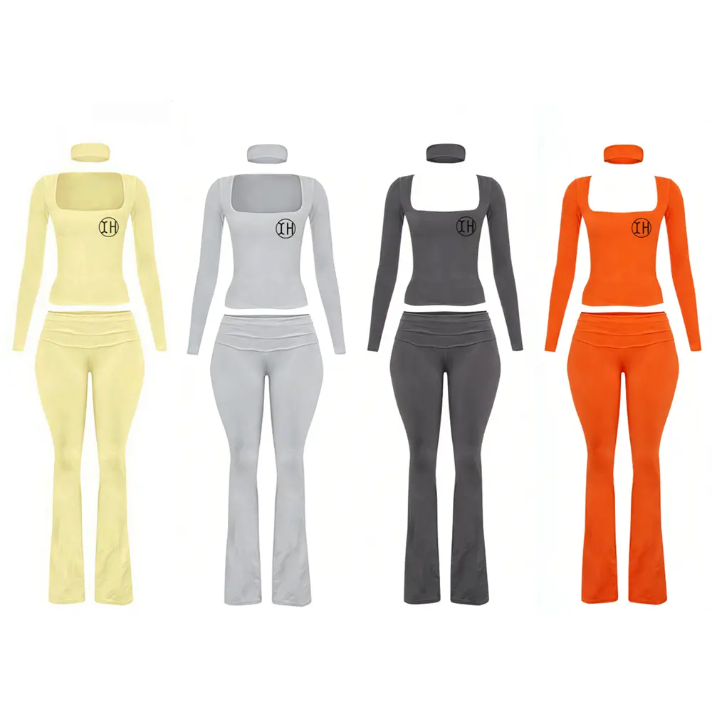 High-Quality XH-Fashion Custom Logo Square Neck Long Sleeve Top And High Waist Flare Pants Two Piece Set Women Casual Slim Fit Stretchy Matching Outfit Set Factories, Factory
