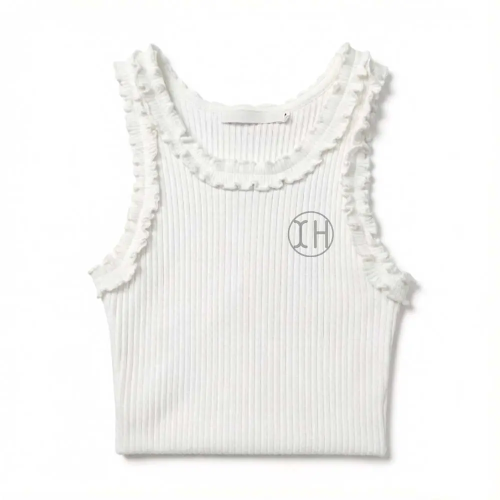 High-Quality XH-Fashion Custom Logo Women's Ribbed Ruffle Tank Top, Personalized Fitted Sleeveless Cami, Customizable Casual Knit Top for Her Manufacturers, Factories