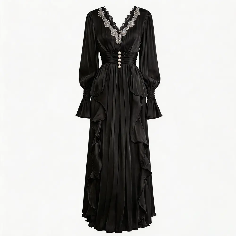 High-Quality XH-Fashion Elegant Black Satin Evening Dress - Crystal Embellished V-Neck with Ruffled Sleeves & Skirt Manufacturer, Manufacturers