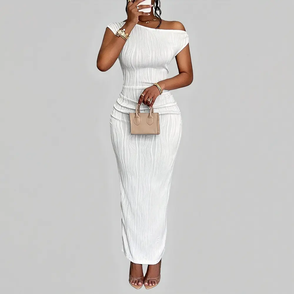 OEM XH-Fashion Custom Logo One Shoulder Ruched Textured Maxi Dress | Women’s Off Shoulder Bodycon Wave Knit Evening Long Dress Manufacturers, Factory