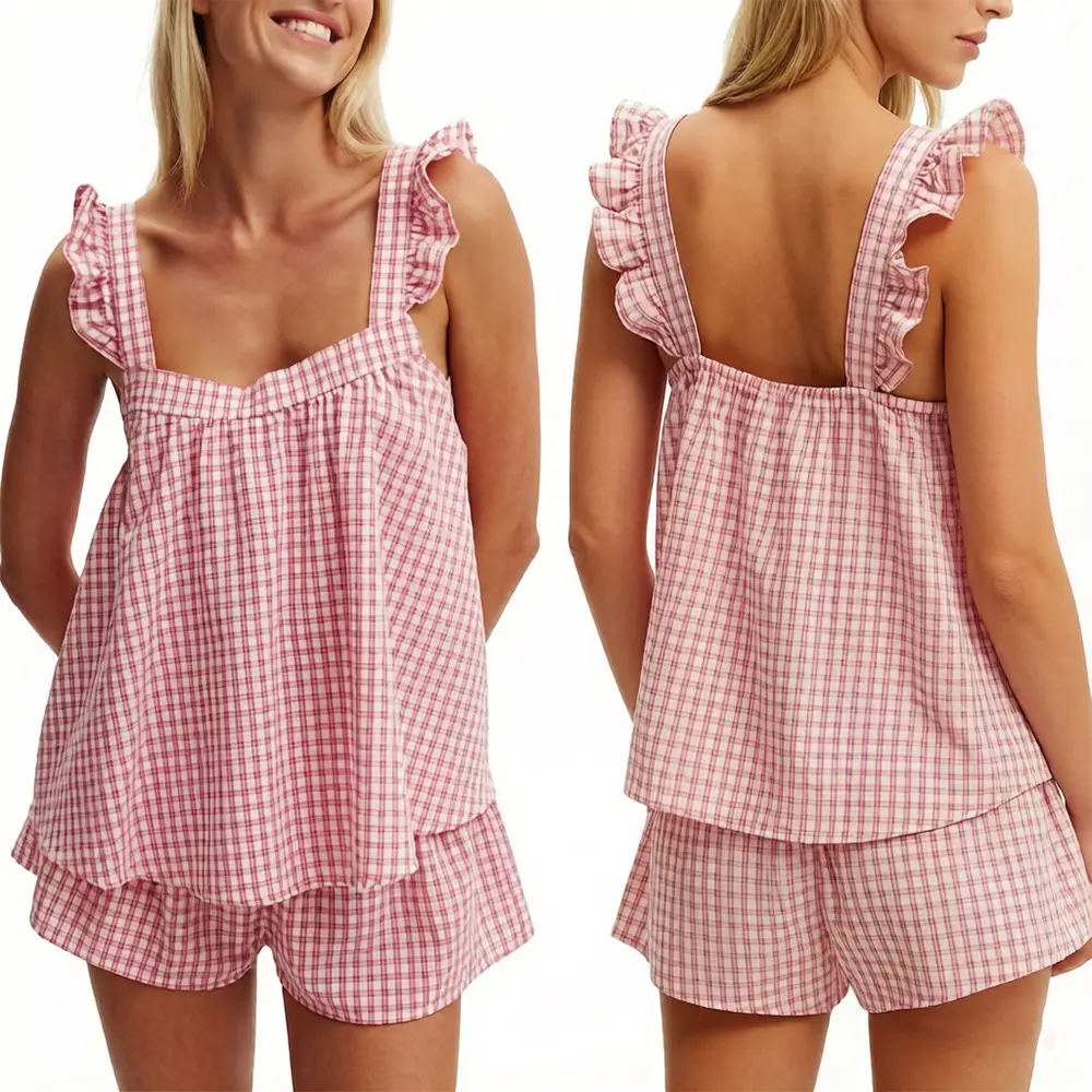Custom XH-Fashion Custom Logo Ruffle Strap Gingham Pajama Set | Women’s Sleeveless Plaid Camisole & Shorts 2 Piece Loungewear Factories, Suppliers