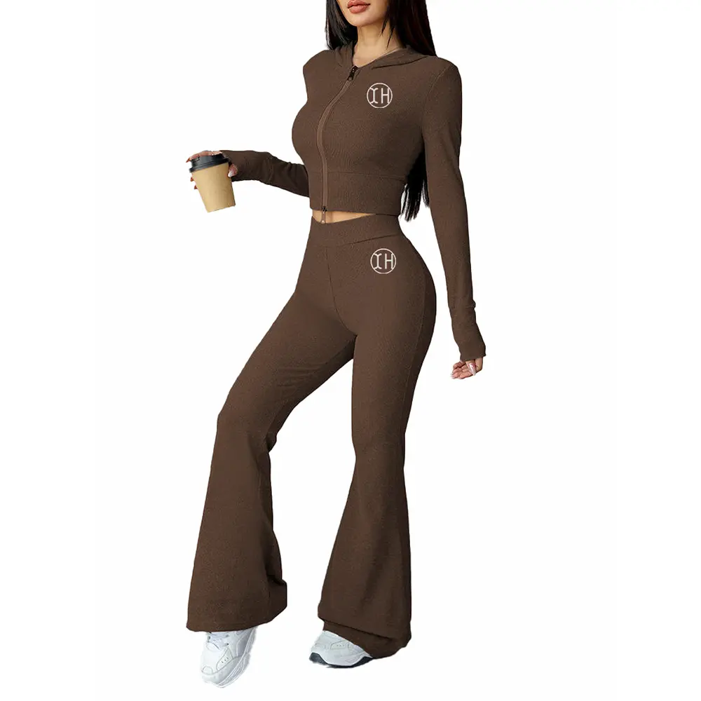 Custom XH-Fashion OEM Women's Ribbed Hooded Workout Set High Waist Flare Leggings Activewear Manufacturer Manufacturers, Suppliers