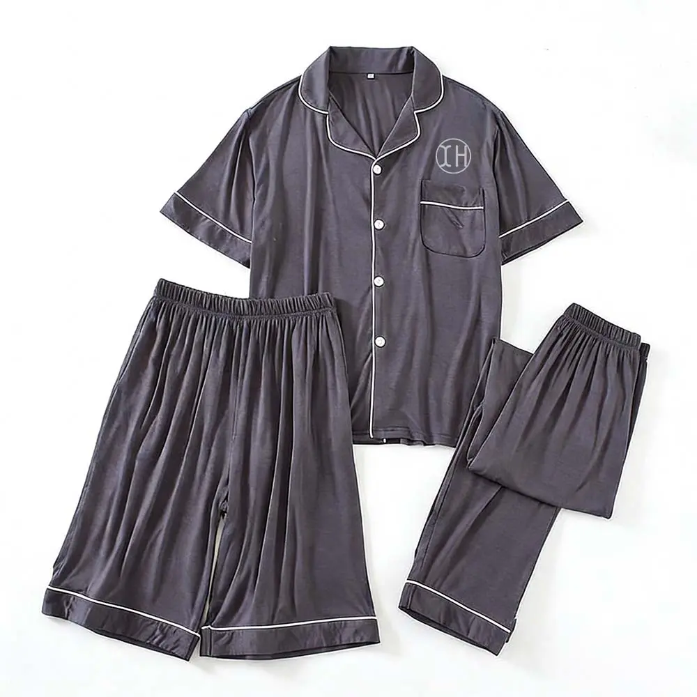 Custom XH-Fashion Custom Logo Men's 3-Piece Pajama Set, Ultra-Soft Modal Short Sleeve Sleepwear with Contrast Piping, Personalized Loungewear for Home & Gifting Factory, Suppliers