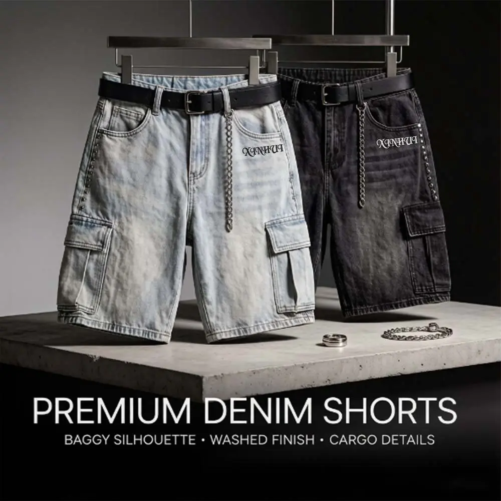 Custom XH-Fashion Custom Logo Studded Cargo Denim Shorts for Men, Vintage Washed Baggy Jorts with Rivet Detail, Personalized Streetwear Denim Cargo Shorts Factories, Suppliers