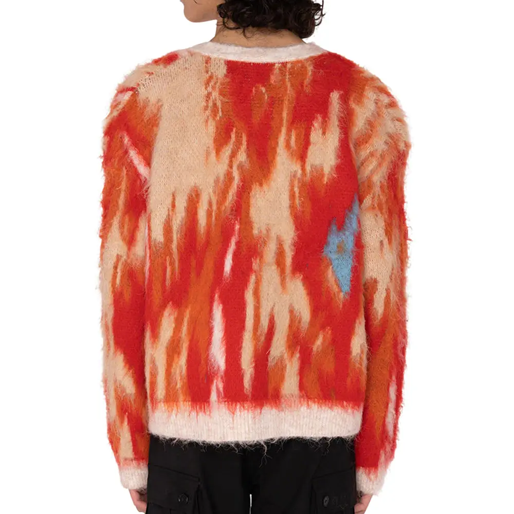 High-Quality XH-Fashion OEM ODM Retro Gradient Flame Print Fluffy Knit Cardigan, Custom Embroidery Loose Fit Mohair Sweater Factories, Factory