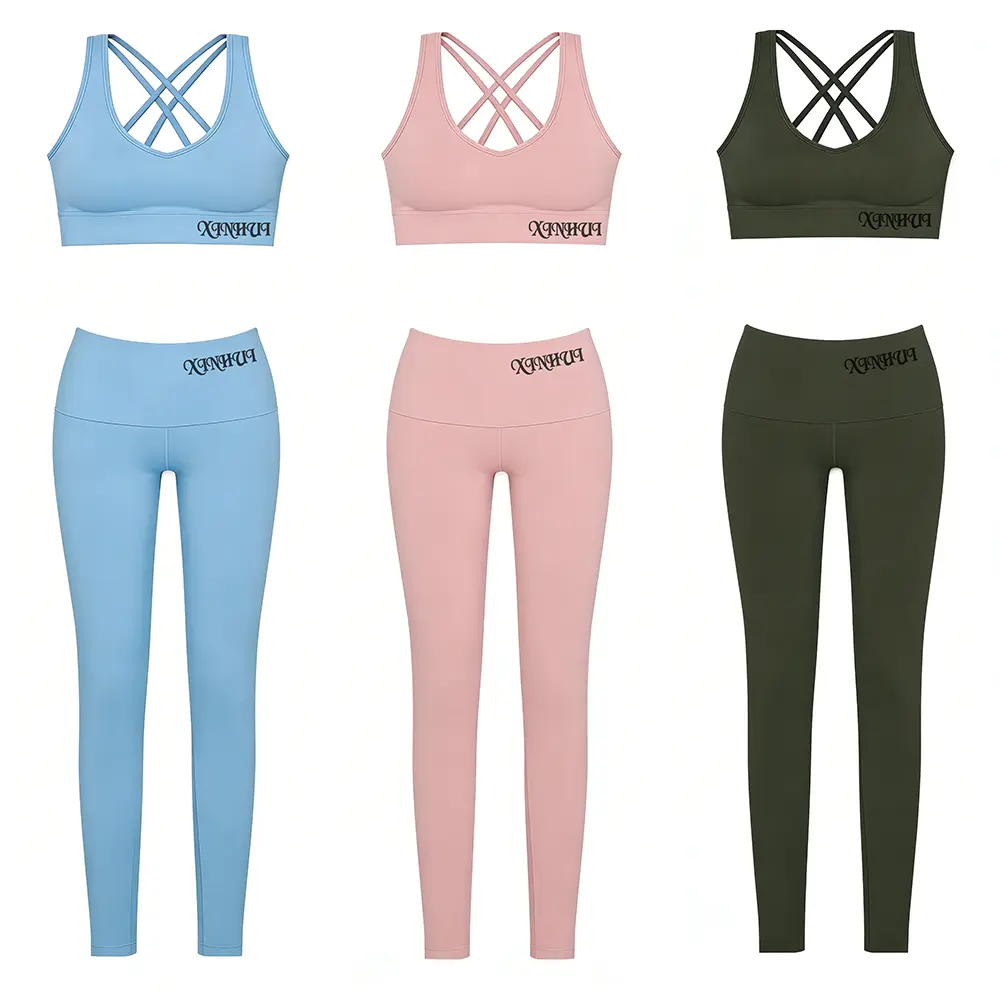 OEM XH-Fashion Custom Logo Cross Back Sports Bra And High Waist Leggings Set Women Gym Fitness Yoga Two Piece Set Activewear Workout Sportswear Supplier, Suppliers