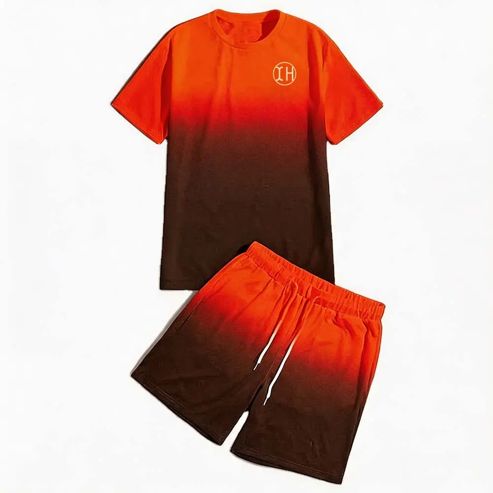 Custom XH-Fashion Custom Logo Gradient 2-Piece Short Set for Men, Ombre T-Shirt & Drawstring Shorts Outfit, Personalized Casual Loungewear Tracksuit Manufacturers, Factory