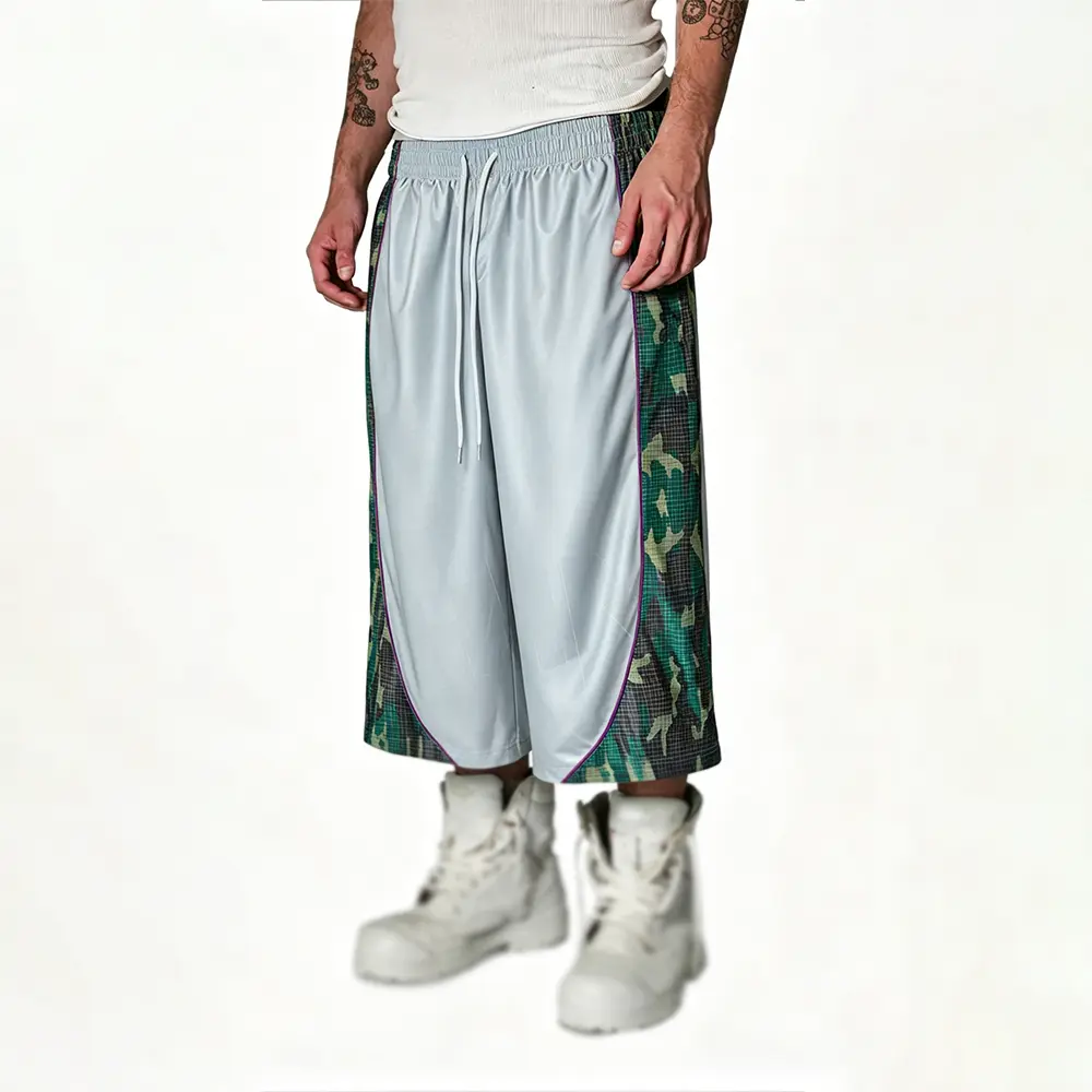 Custom XH-Fashion Men’s Glossy Spliced Streetwear Basketball Shorts, Multi-Color Camo Side Stripe Custom Casual Shorts Manufacturers, Suppliers