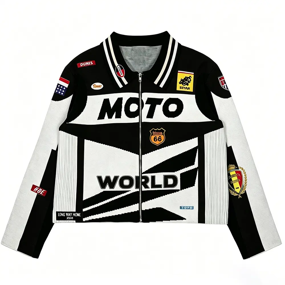 High-Quality XH-Fashion Men's Retro Moto World Racing Jacket - Bold Colorblock Varsity Biker Jacket with Patches & Logos Manufacturer, Suppliers