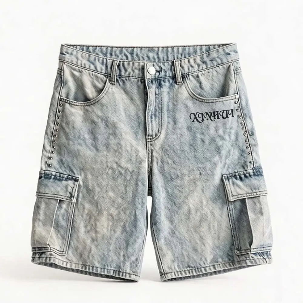 Custom XH-Fashion Custom Logo Studded Cargo Denim Shorts for Men, Vintage Washed Baggy Jorts with Rivet Detail, Personalized Streetwear Denim Cargo Shorts Factories, Suppliers