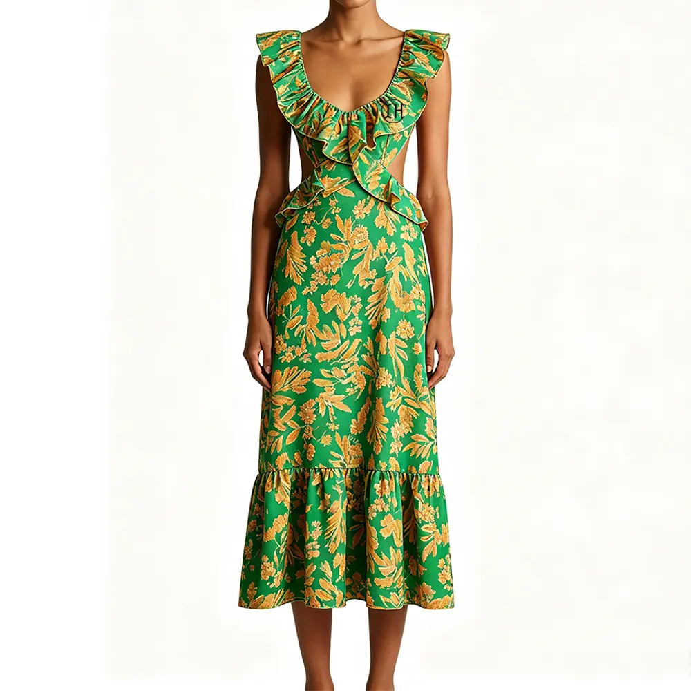 High-Quality XH-Fashion Custom Logo Watercolor Floral Ruffle Cutout Midi Dress | Open Back Tie Spaghetti Flutter Strap Summer Vacation Dress Factories, Suppliers