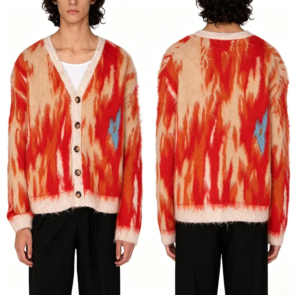 High-Quality XH-Fashion OEM ODM Retro Gradient Flame Print Fluffy Knit Cardigan, Custom Embroidery Loose Fit Mohair Sweater Factories, Factory