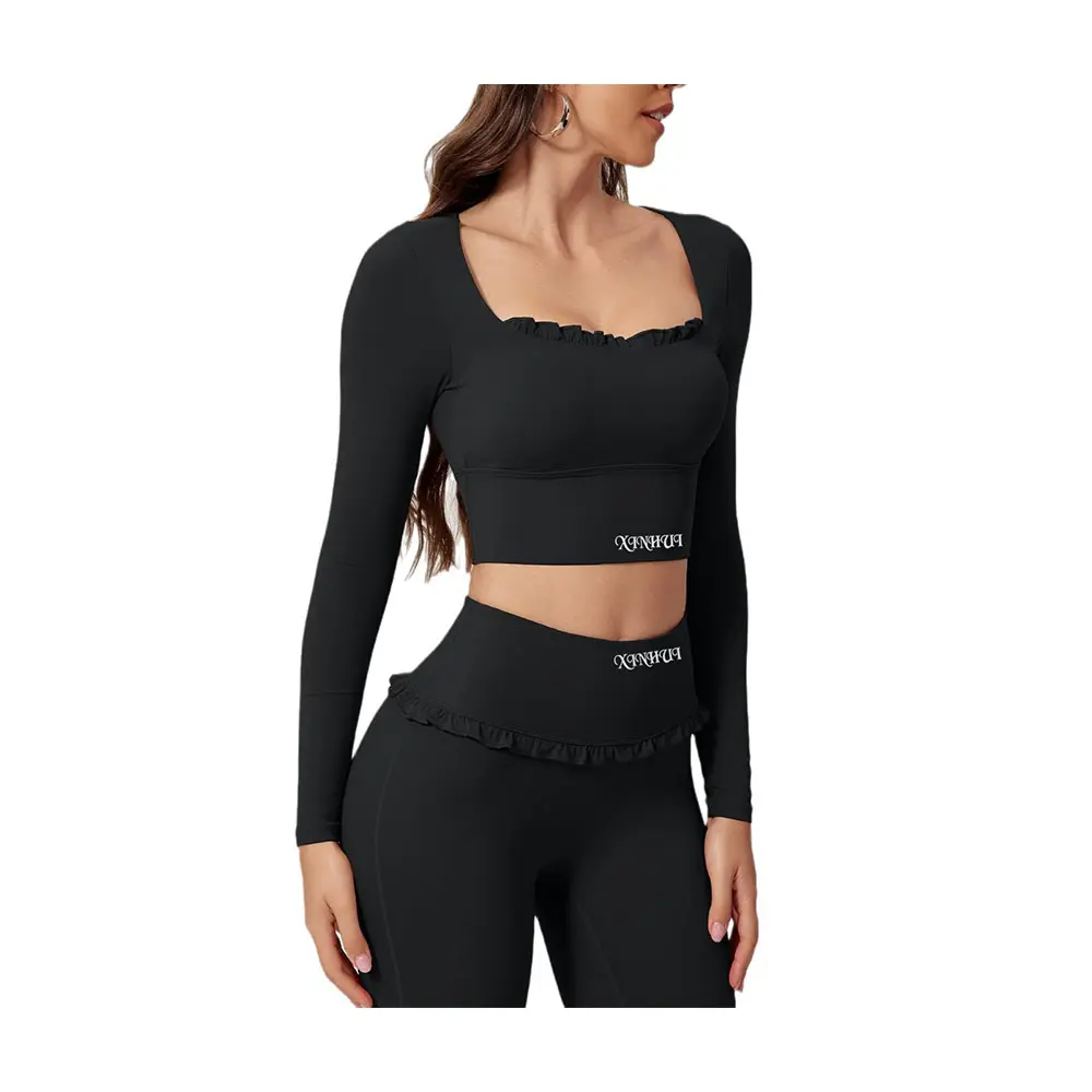 Custom XH-Fashion Butterfly Ruffle Square Neck Yoga Outfit for Women High Waist Butt Lift Leggings Long Sleeve Crop Top 2 Piece Workout Set Manufacturers, Factories