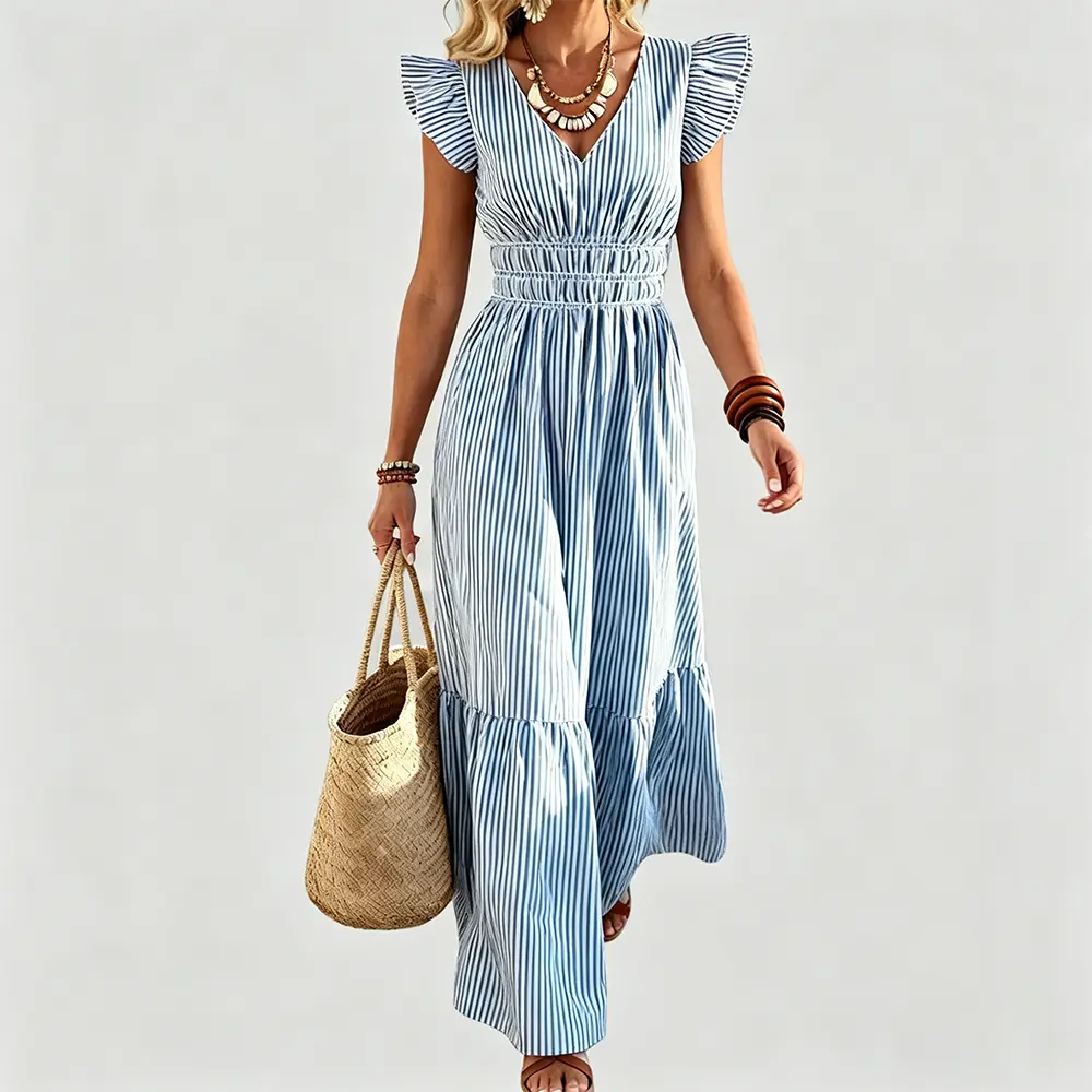 High-Quality XH-Fashion Summer Floral Tiered Maxi Dress - White with Pink Roses, Flutter Sleeves & Elastic Waist Manufacturers, Factories