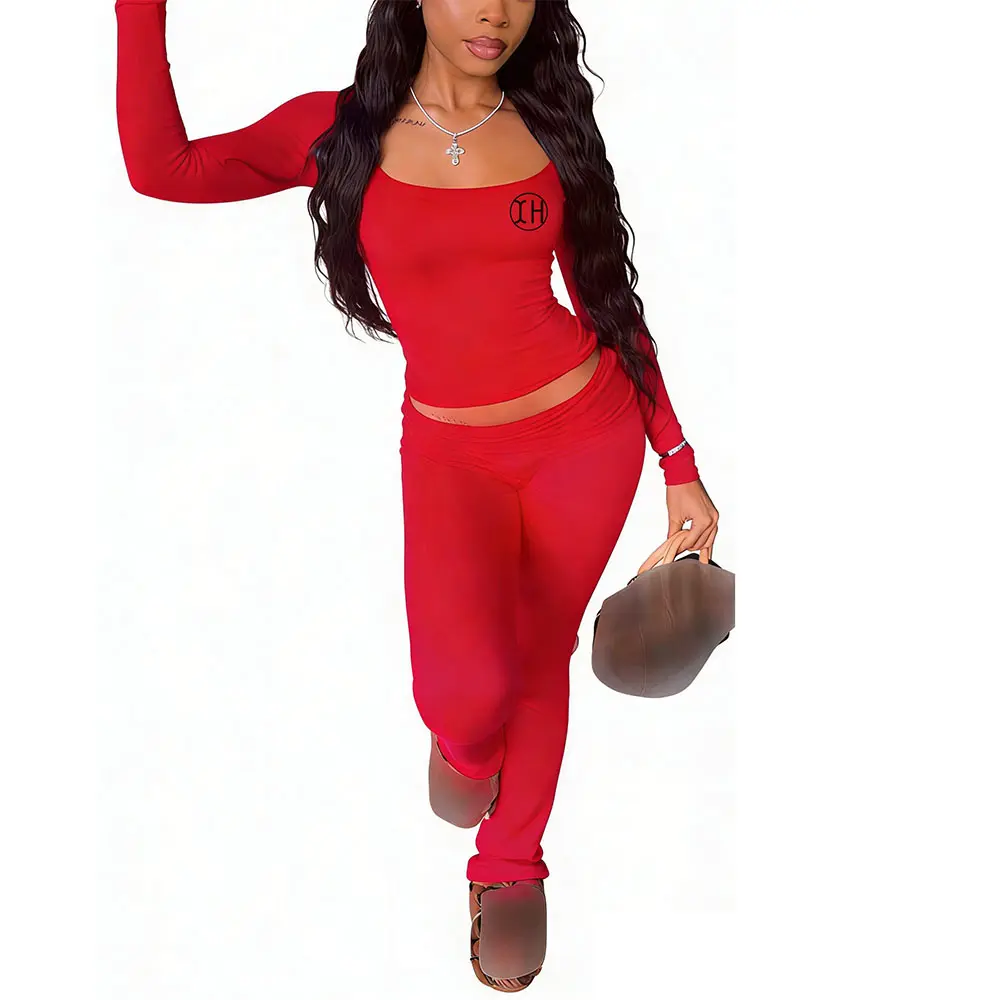 High-Quality XH-Fashion Custom Logo Square Neck Long Sleeve Top And High Waist Flare Pants Two Piece Set Women Casual Slim Fit Stretchy Matching Outfit Set Factories, Factory