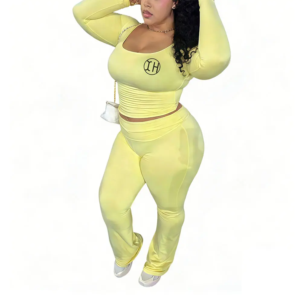 High-Quality XH-Fashion Custom Logo Square Neck Long Sleeve Top And High Waist Flare Pants Two Piece Set Women Casual Slim Fit Stretchy Matching Outfit Set Factories, Factory