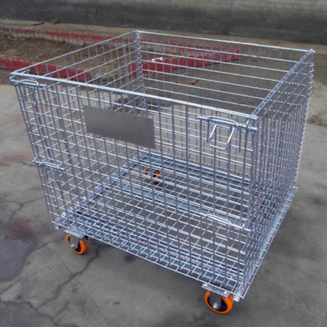 Industrial Rolling Collapsible Wire Metal Steel Storage Cage Wire Basket Carts With 4 Wheels