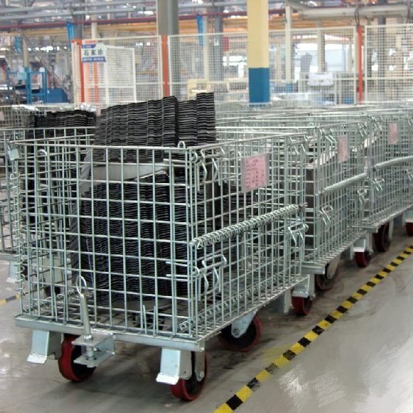 Industrial Rolling Collapsible Wire Metal Steel Storage Cage Wire Basket Carts With 4 Wheels