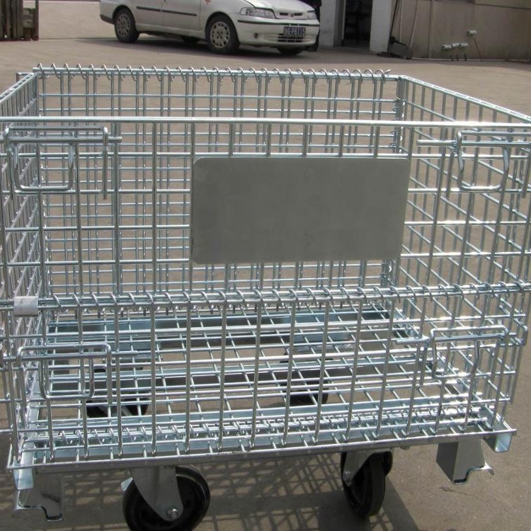 Industrial Rolling Collapsible Wire Metal Steel Storage Cage Wire Basket Carts With 4 Wheels