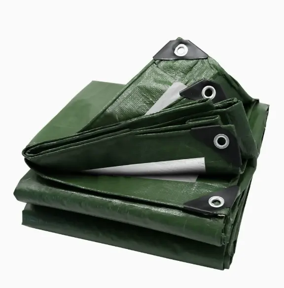 China Heavy Duty Green Silver PE Tarpaulin Waterproof UV Resistant Tarp with Reinforced Metal Eyelets for Truck Construction Outdoor Storage Suppliers, Factory