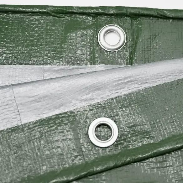 China Heavy Duty Green Silver PE Tarpaulin Waterproof UV Resistant Tarp with Reinforced Metal Eyelets for Truck Construction Outdoor Storage Suppliers, Factory
