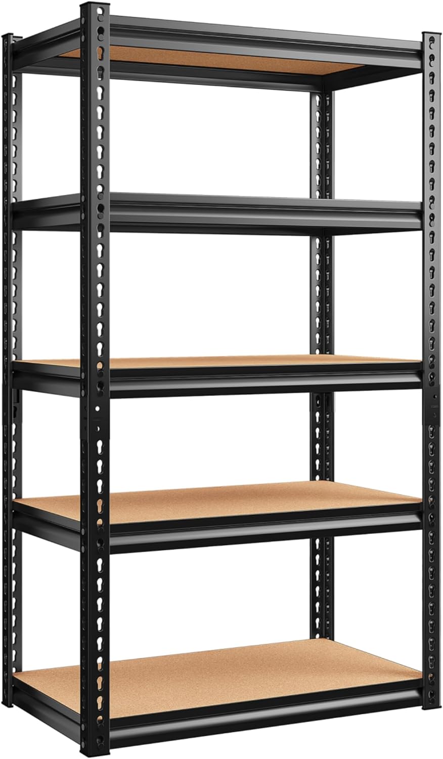 Durable 5-Tier Steel Shelves 5-Layer Boltless Rivet Racks in Black with Powder Coating Finish for Garage Storage Shed