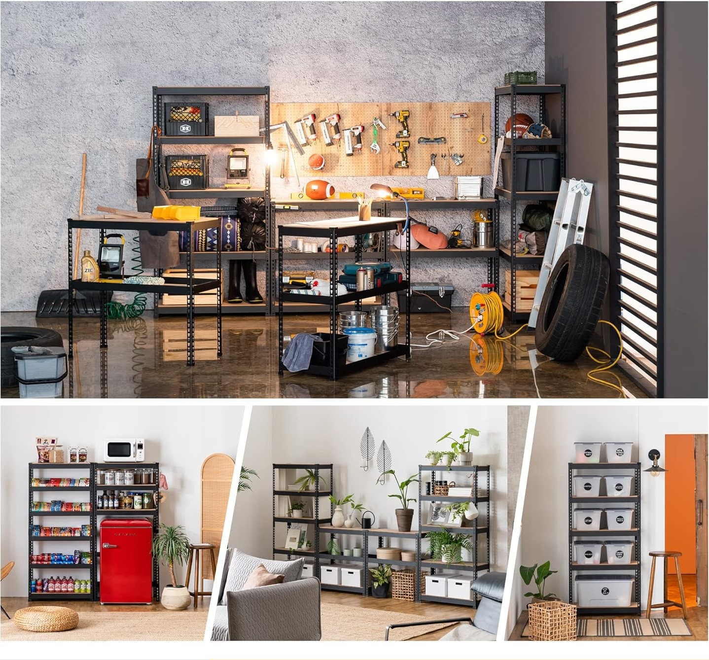 Durable 5-Tier Steel Shelves 5-Layer Boltless Rivet Racks in Black with Powder Coating Finish for Garage Storage Shed