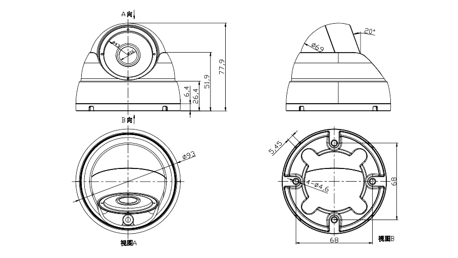 XY-N8825 Metal Dome In-Vehicle AHD Interior Camera Dimension drawing