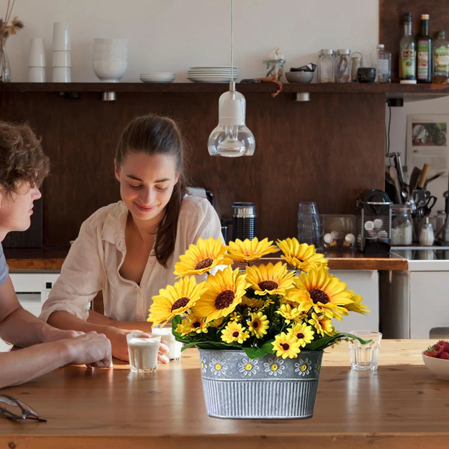 Table Centerpiece Decoration Silk Floral Artificial Sunflowers with Metal Pot