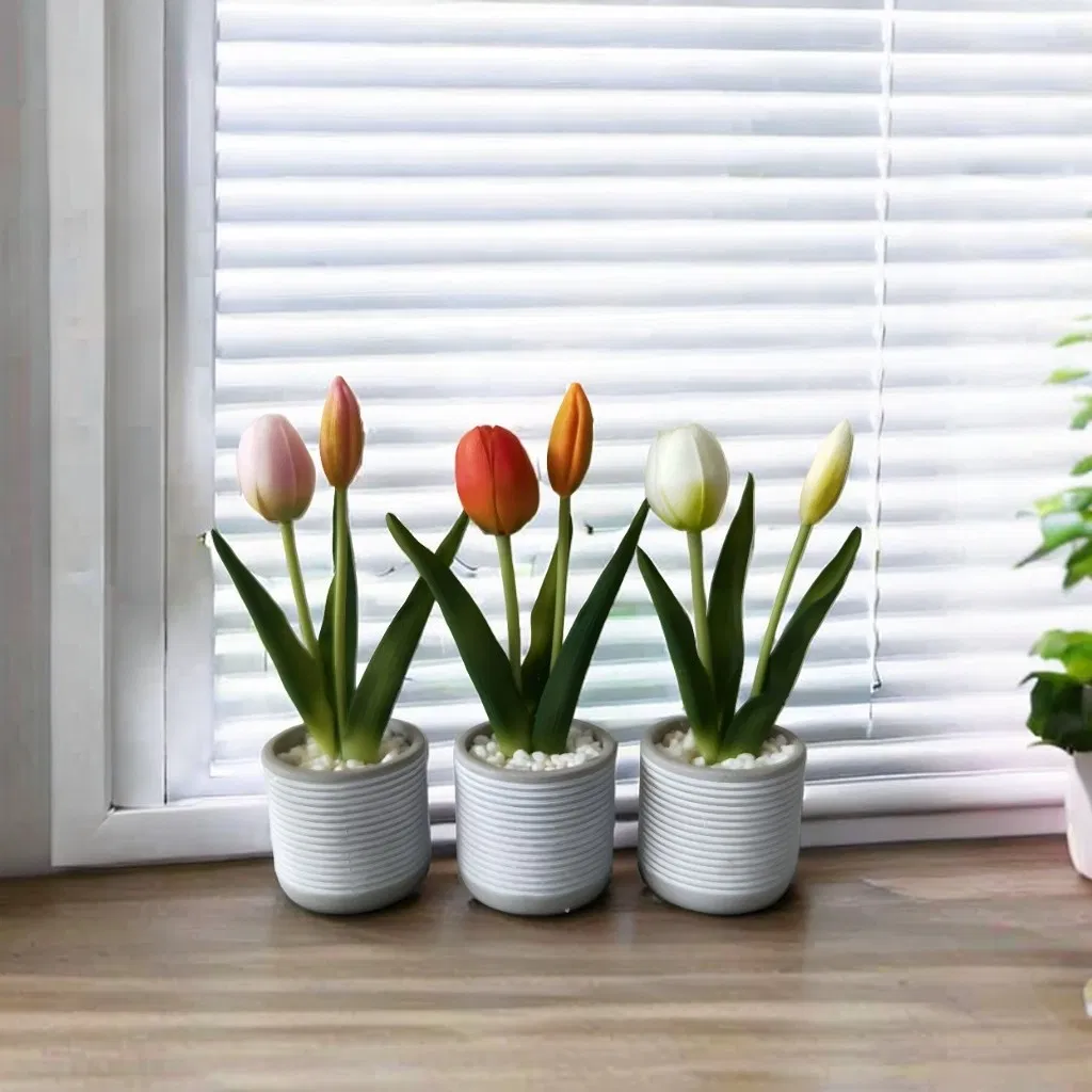 Beautifully Real Touch Tulips in Wooden Pot for Home Decor