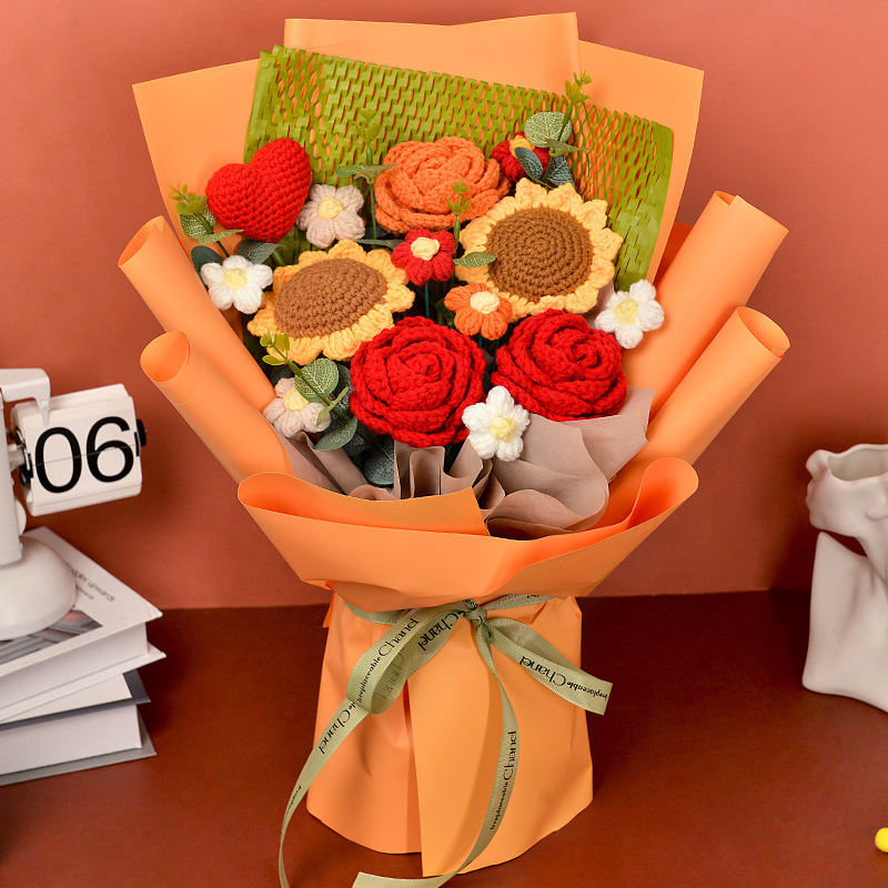 Knitted Large Bouquets of Roses, Tulips, Sunflowers, Hand-Crocheted Woolen Flowers